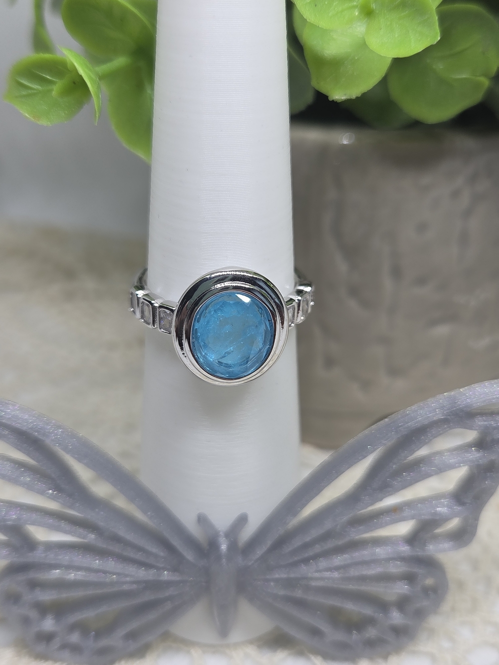 BP Aqua Blue Spinel Cabochon Ring On Rhodium Plating